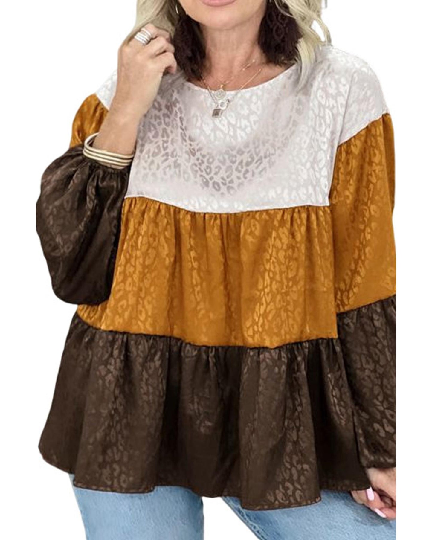 Azura Exchange Balloon Sleeve Color Block Blouse - L