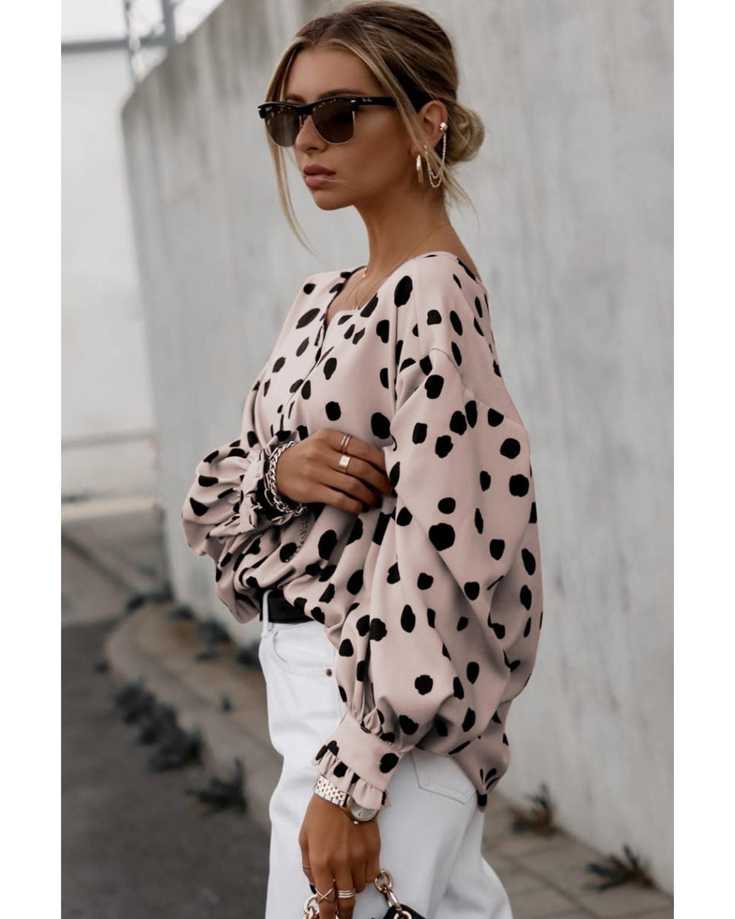 Azura Exchange Oversize Puff Sleeve Blouse with Button Frill Cuffs - S
