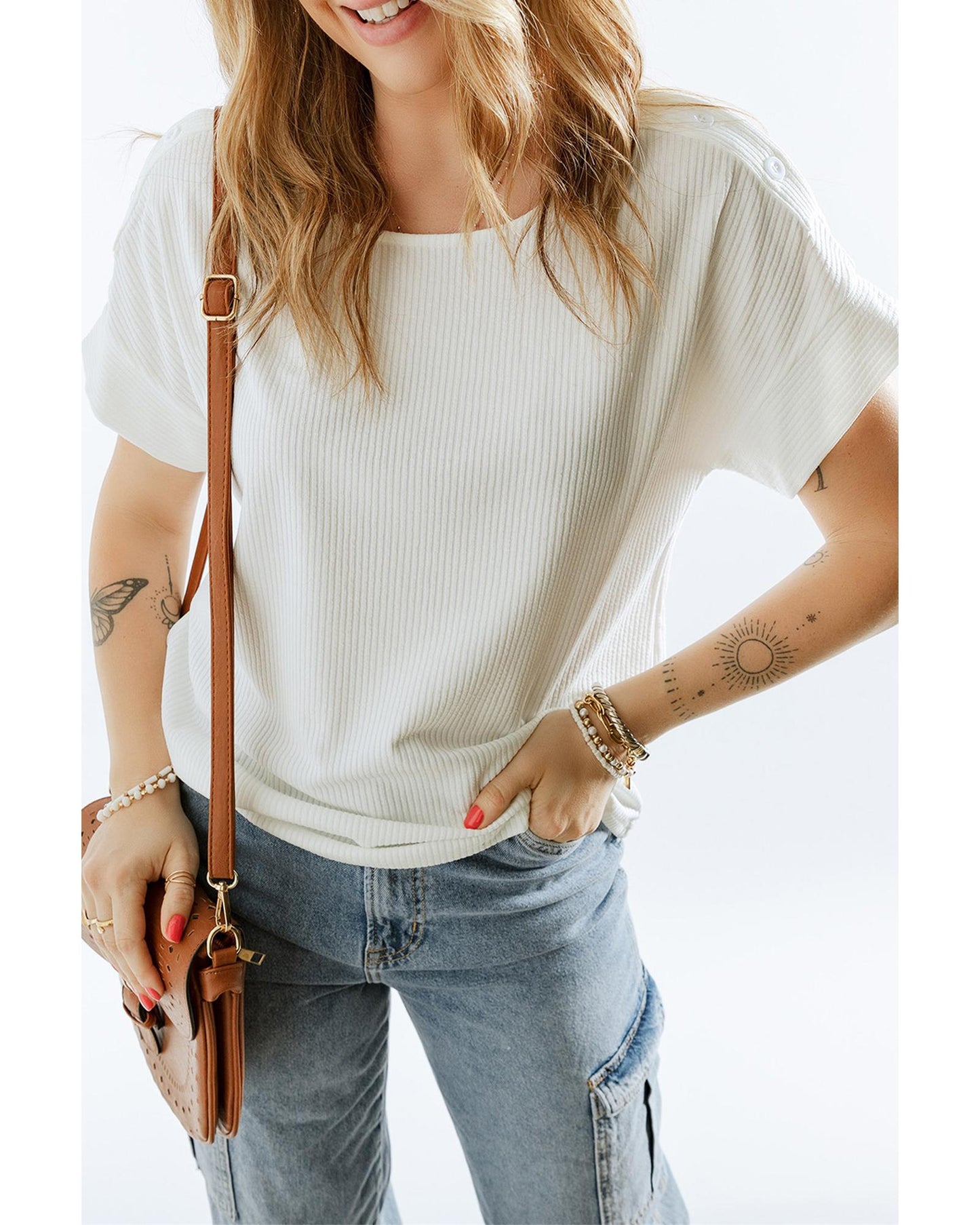 Azura Exchange Buttoned Shoulder Top - L