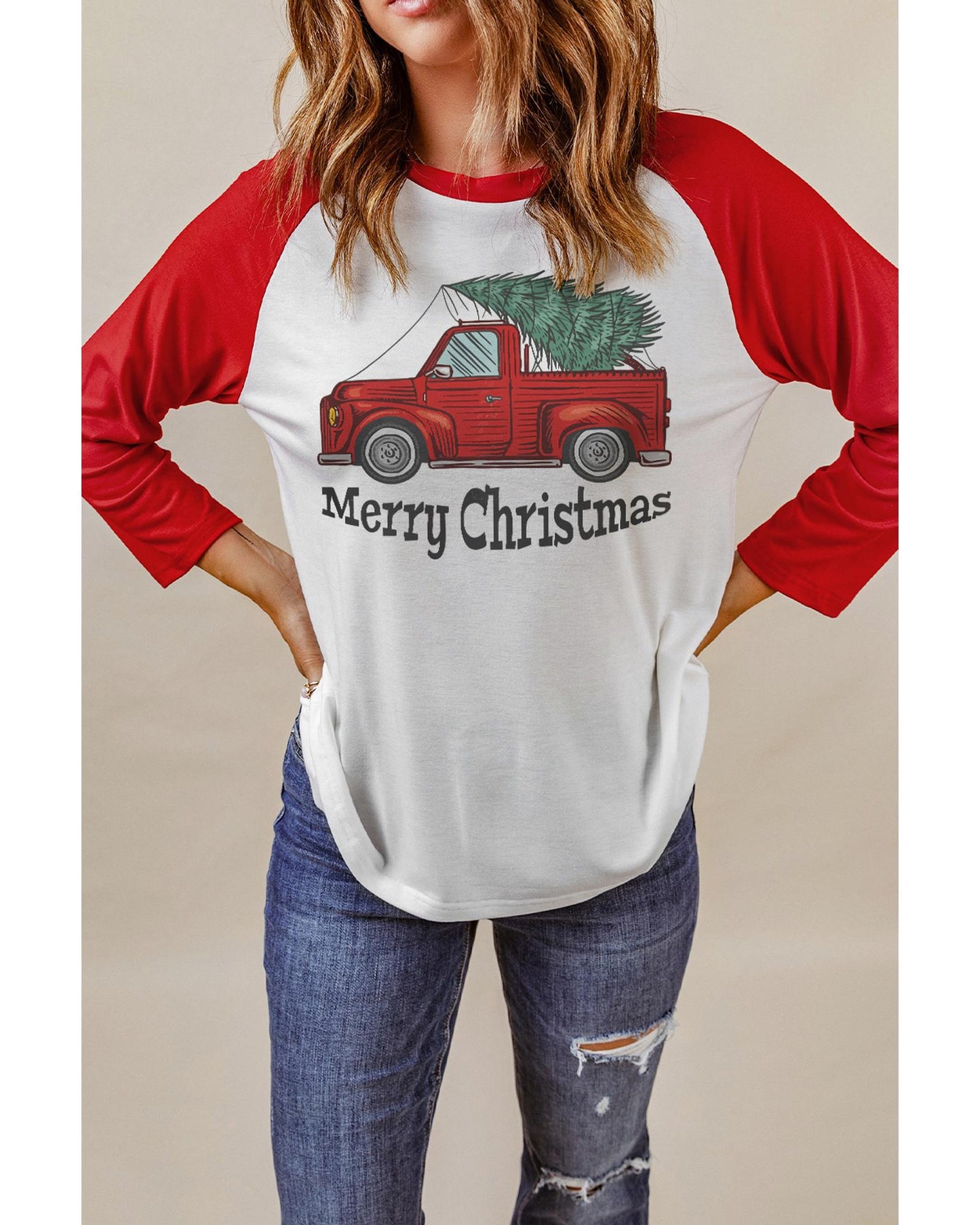 Azura Exchange Christmas Truck Graphic Print Color Block Top - M