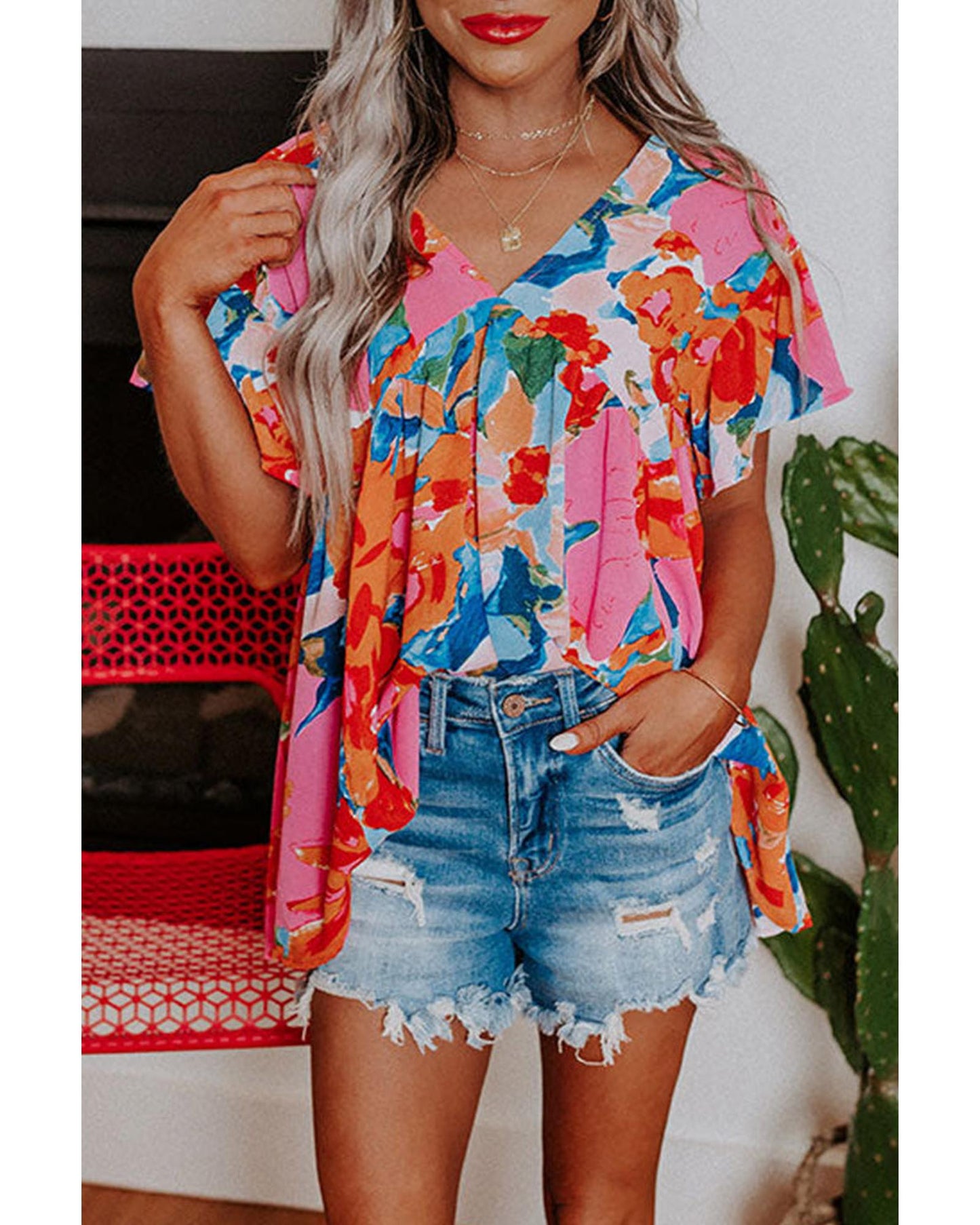 Azura Exchange Abstract Print V Neck Flutter Sleeve Blouse - L