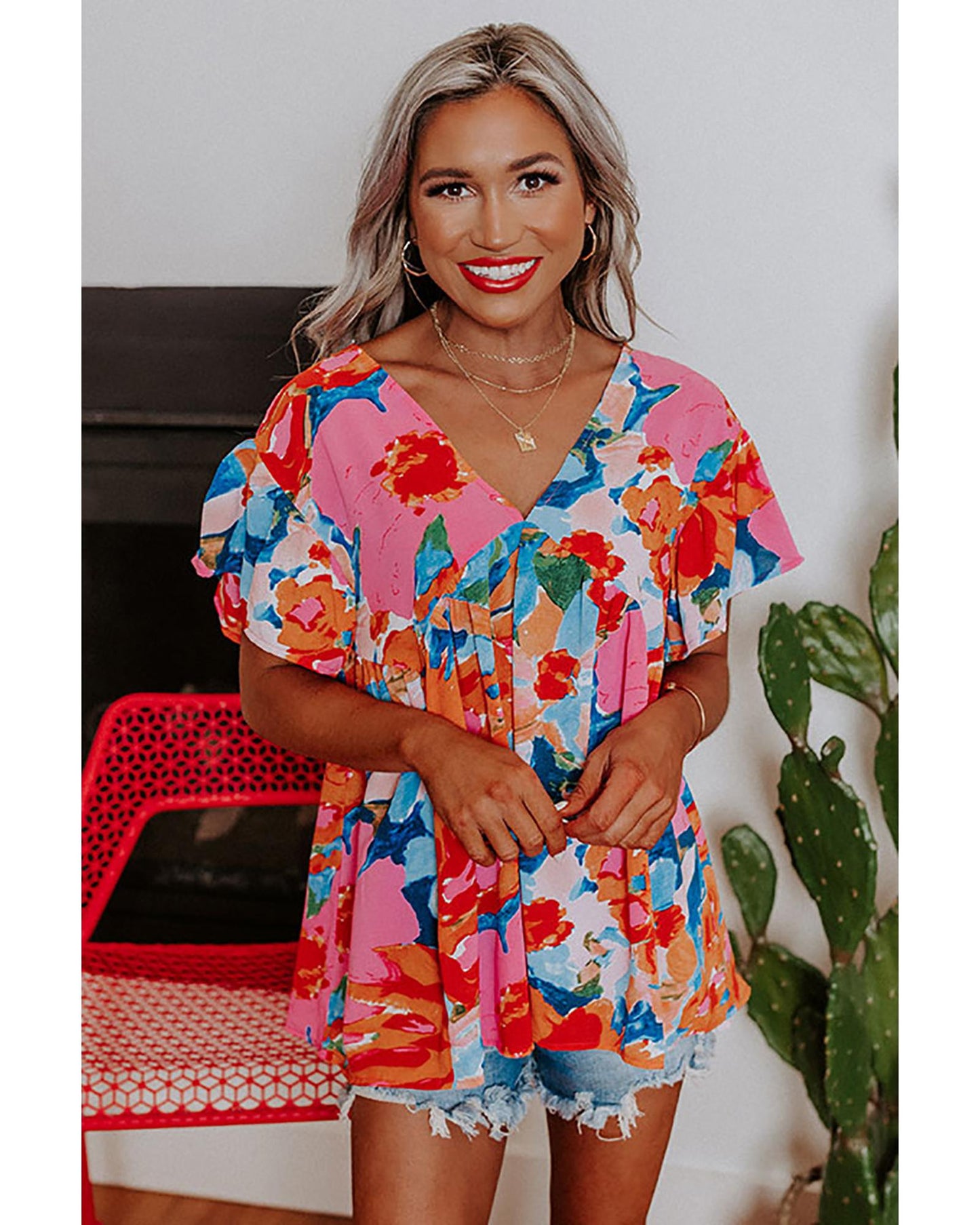 Azura Exchange Abstract Print V Neck Flutter Sleeve Blouse - L