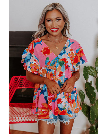 Azura Exchange Abstract Print V Neck Flutter Sleeve Blouse - L