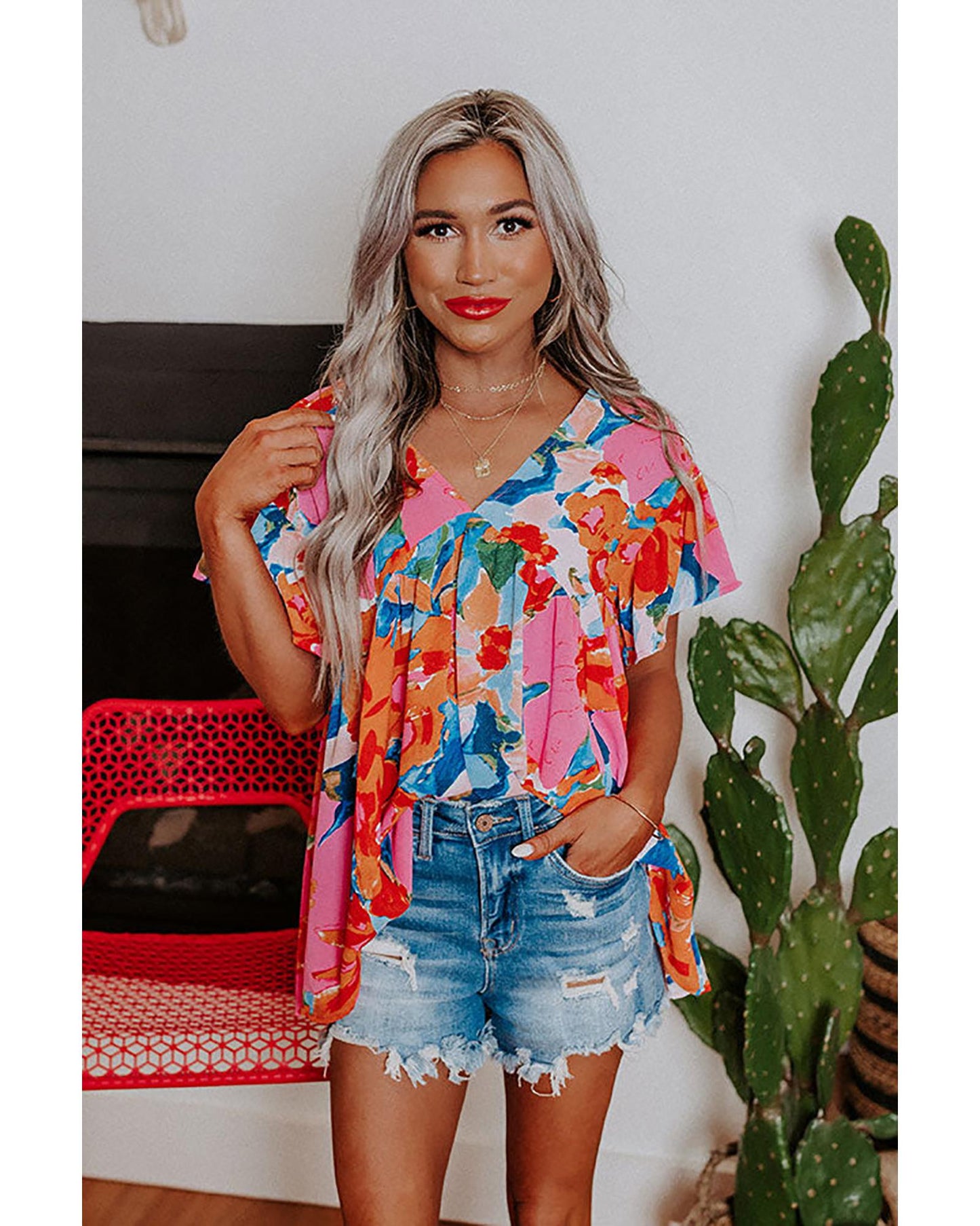 Azura Exchange Abstract Print V Neck Flutter Sleeve Blouse - L