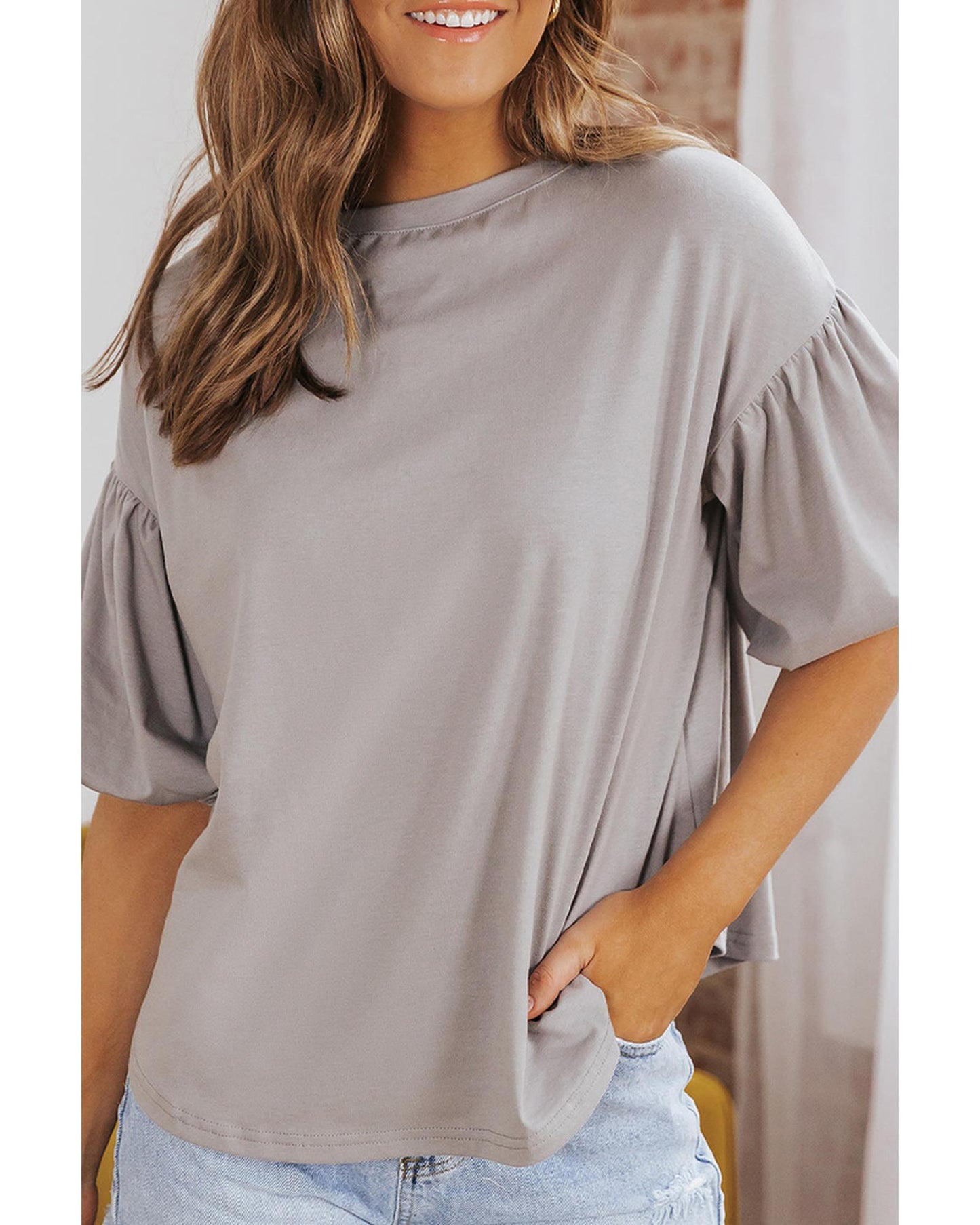 Azura Exchange Bubble Sleeve Round Neck Blouse - L
