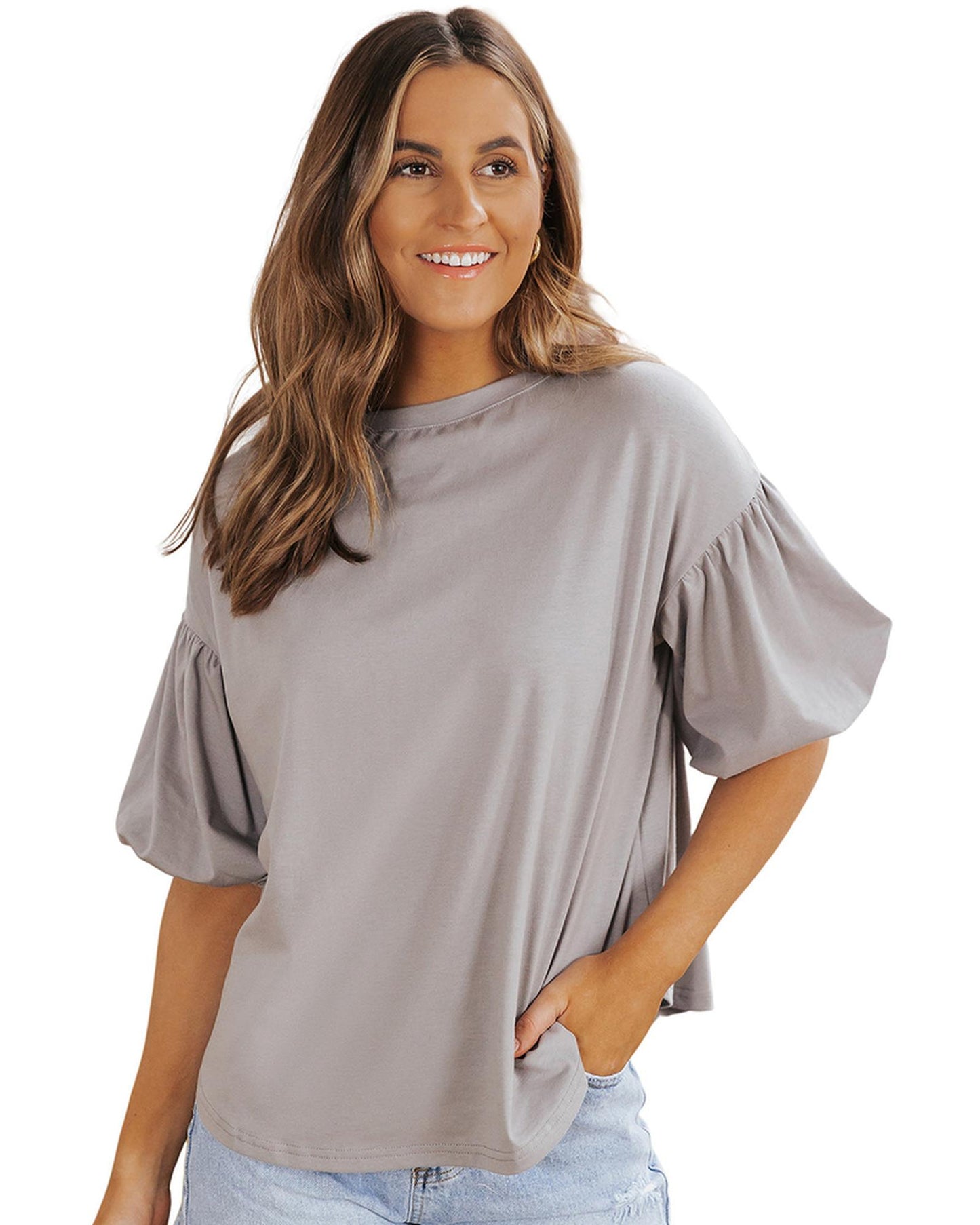 Azura Exchange Bubble Sleeve Round Neck Blouse - M