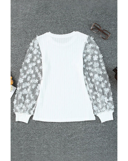 Azura Exchange Applique Mesh Sleeves Textured Knit Blouse - S