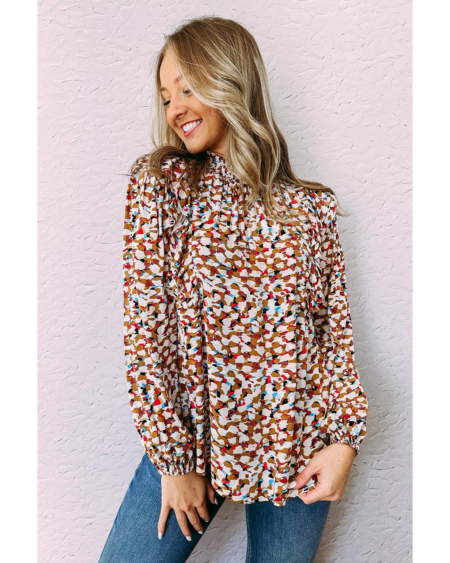 Azura Exchange Abstract Print Bubble Sleeves Loose Blouse - M