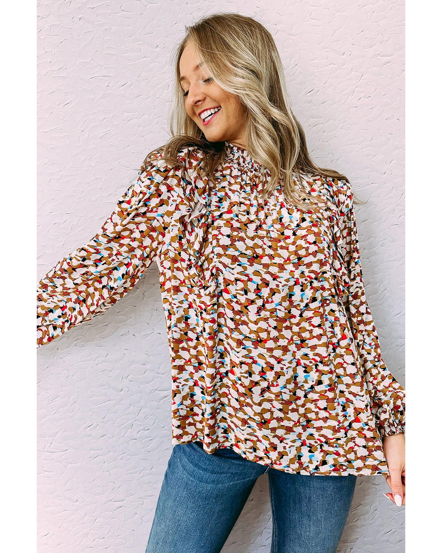 Azura Exchange Abstract Print Bubble Sleeves Loose Blouse - S