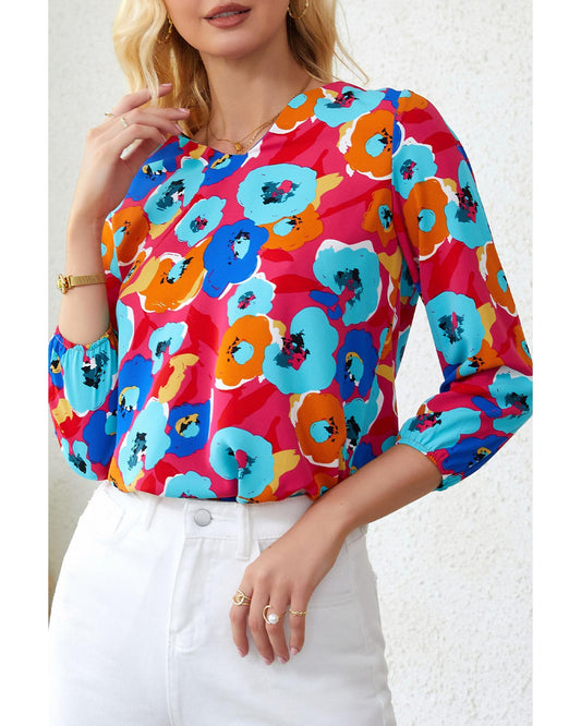 Azura Exchange V Neck 3/4 Sleeve Floral Print Blouse - XL