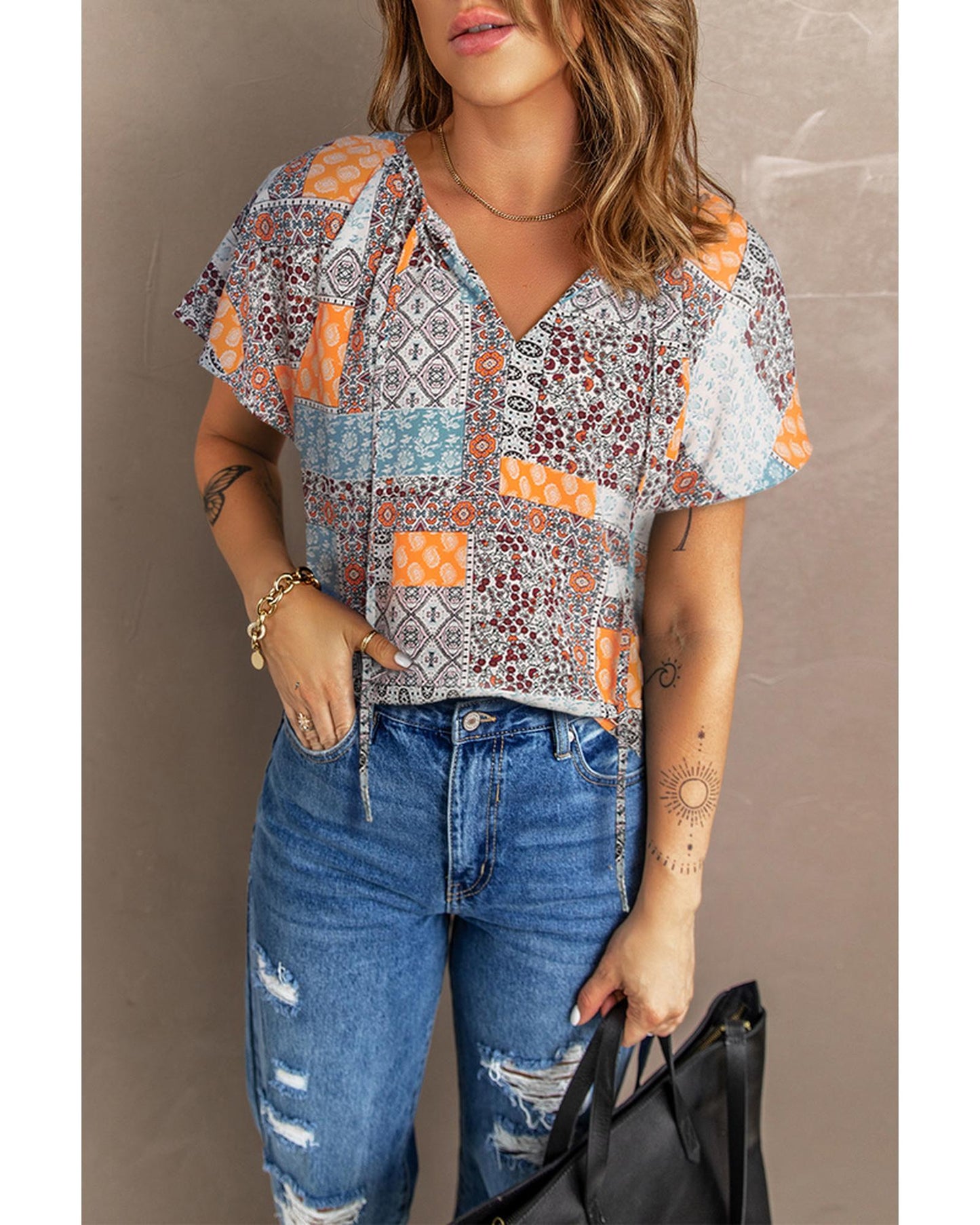 Azura Exchange Boho Mixed Patterns Flutter Sleeves Top - M