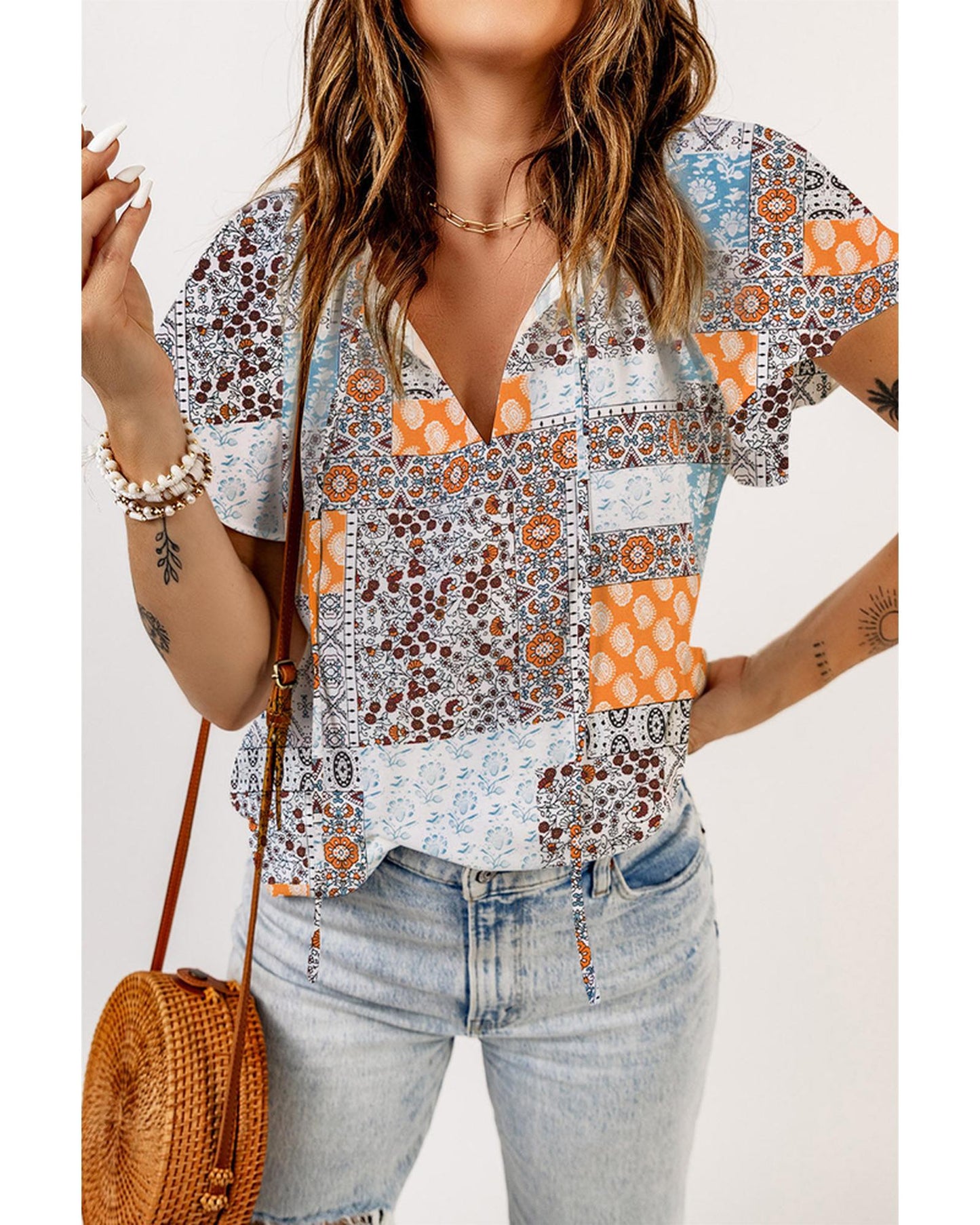 Azura Exchange Boho Mixed Patterns Flutter Sleeves Top - S