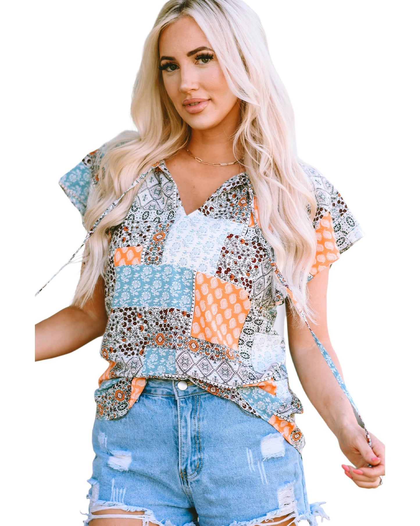 Azura Exchange Boho Mixed Patterns Flutter Sleeves Top - S