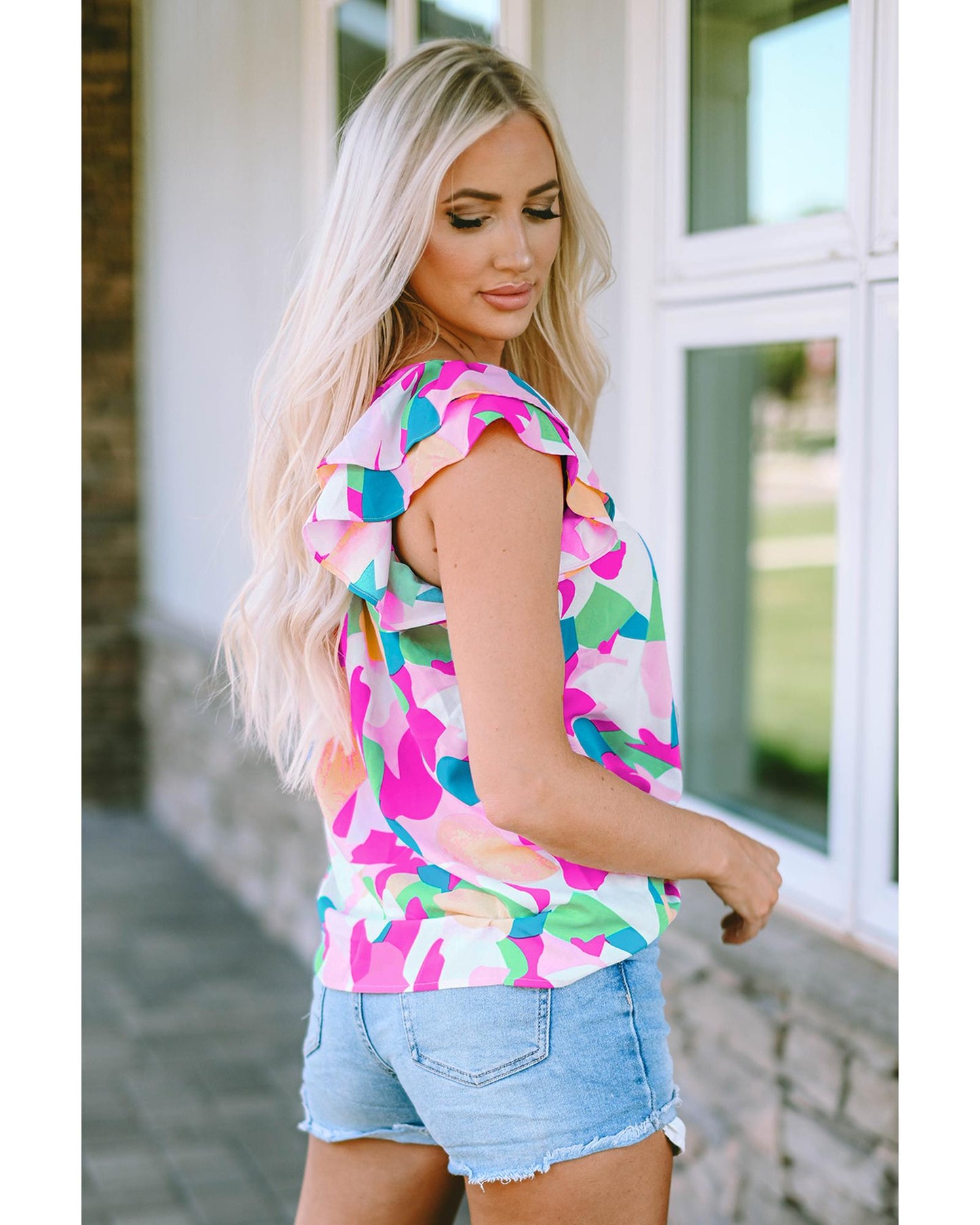 Azura Exchange Abstract Pattern Ruffle Short Sleeves Blouse - L