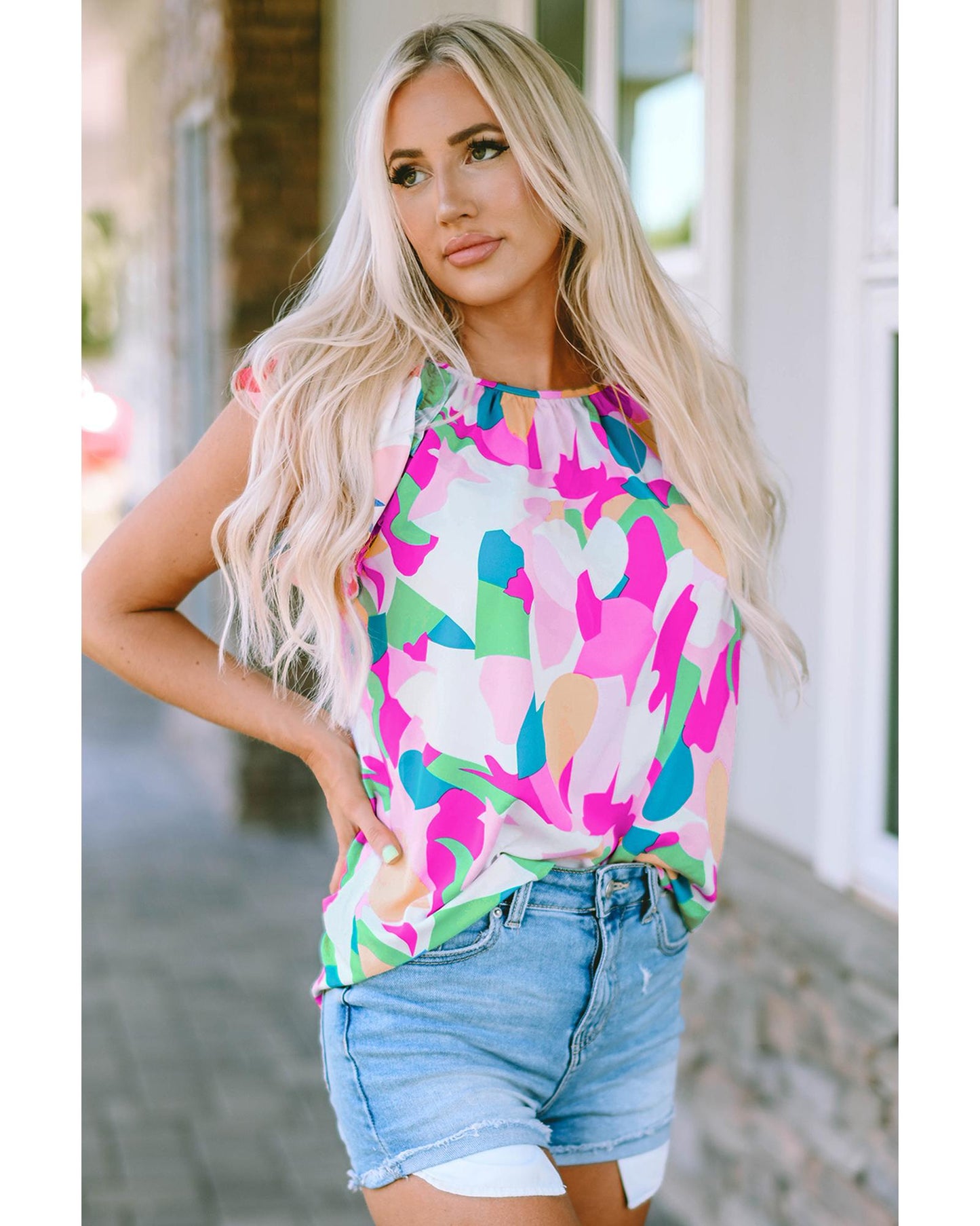 Azura Exchange Abstract Pattern Ruffle Short Sleeves Blouse - XL