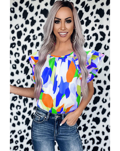 Azura Exchange Abstract Pattern Ruffle Short Sleeves Blouse - S