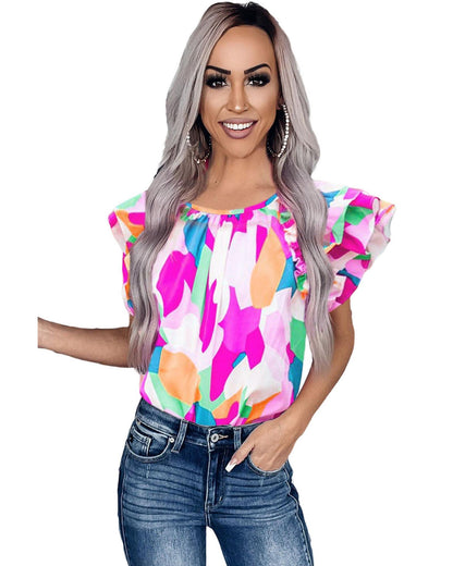 Azura Exchange Abstract Pattern Ruffle Short Sleeves Blouse - S