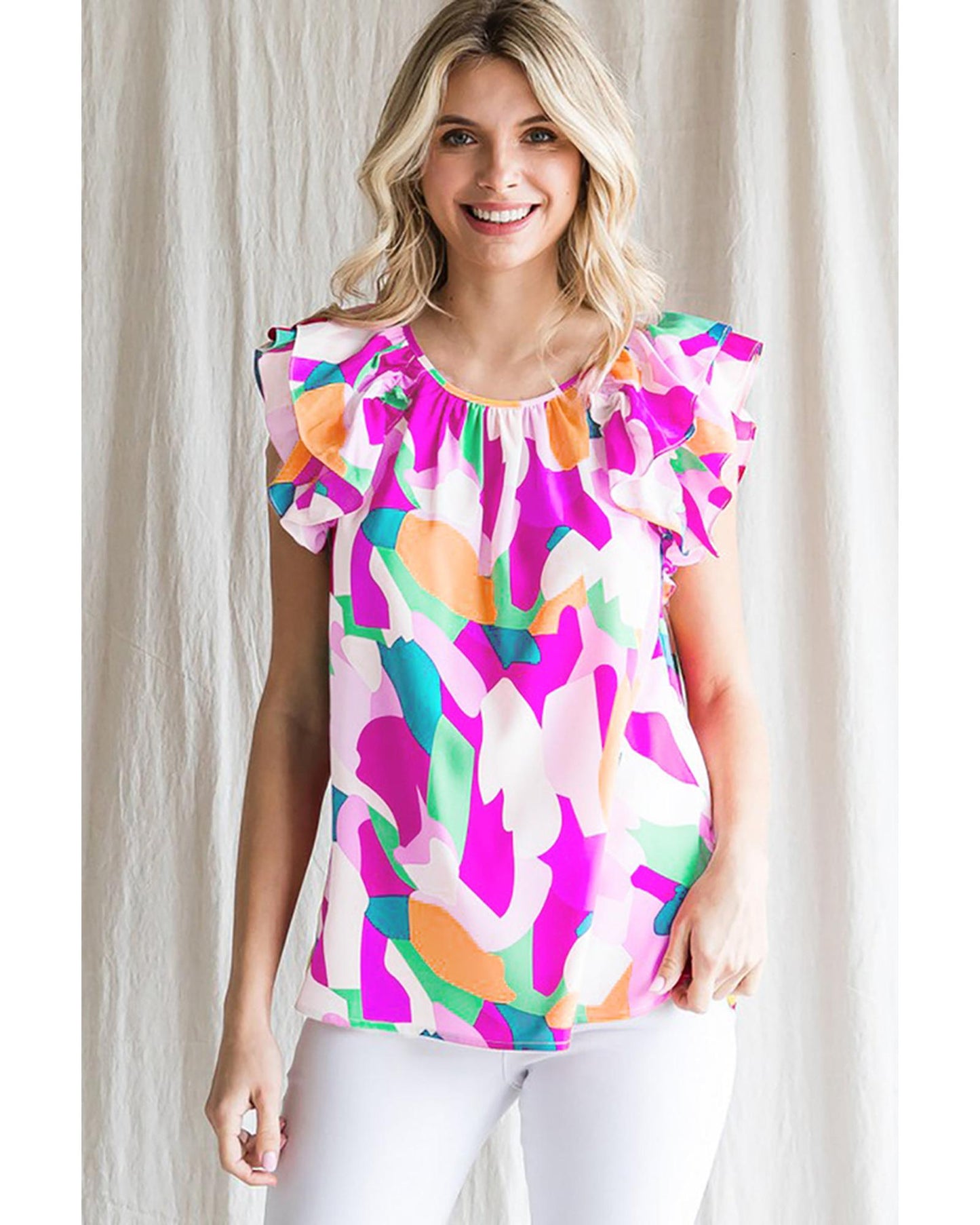Azura Exchange Abstract Pattern Ruffle Short Sleeves Blouse - XL