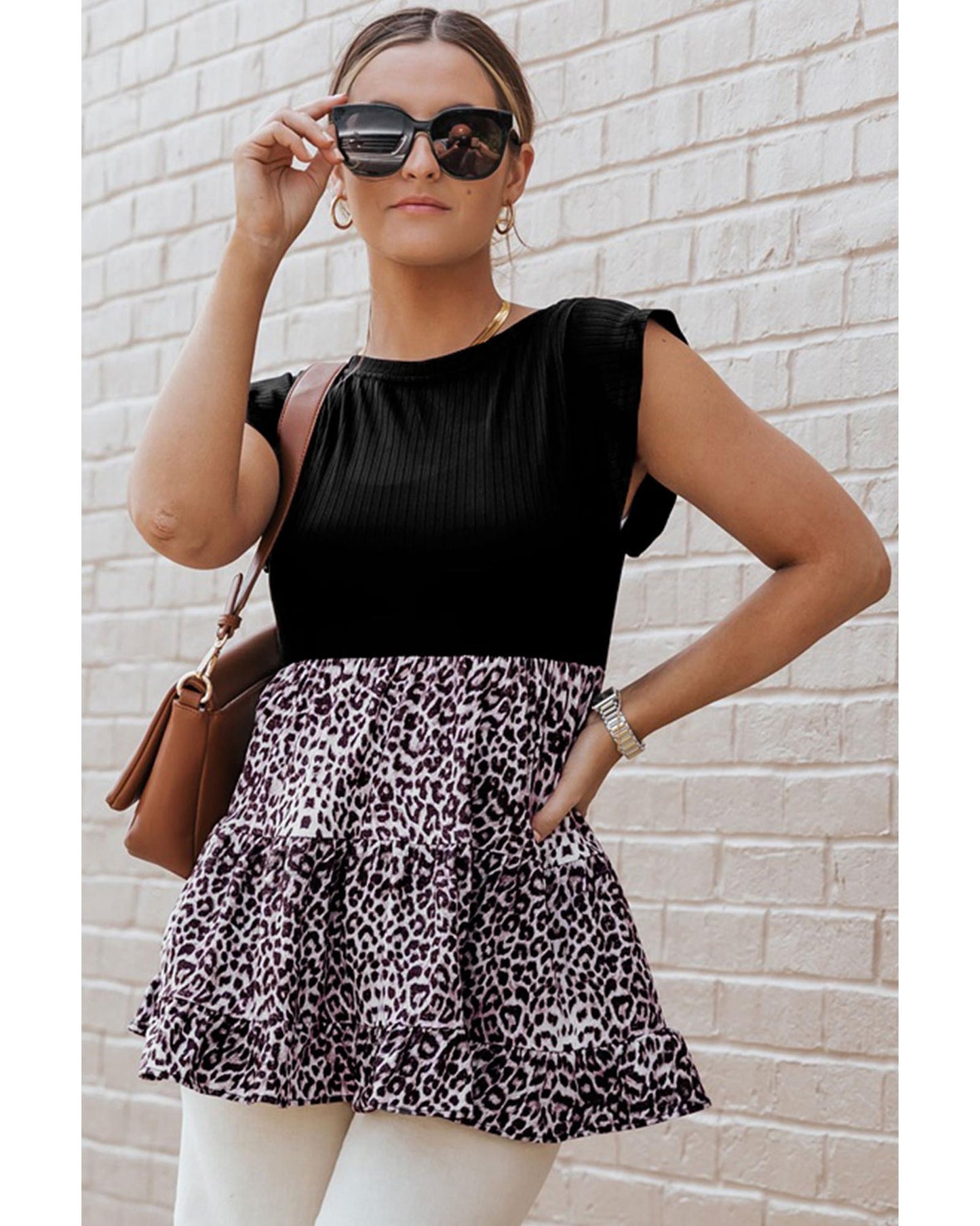 Azura Exchange Ruffle Sleeve Leopard Splice Blouse - S
