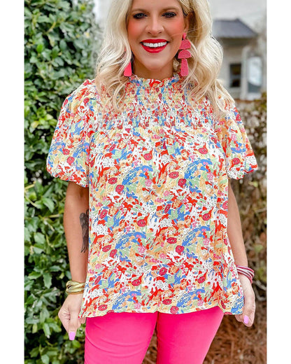 Azura Exchange Abstract Print Smocked Puff Sleeves Blouse - L