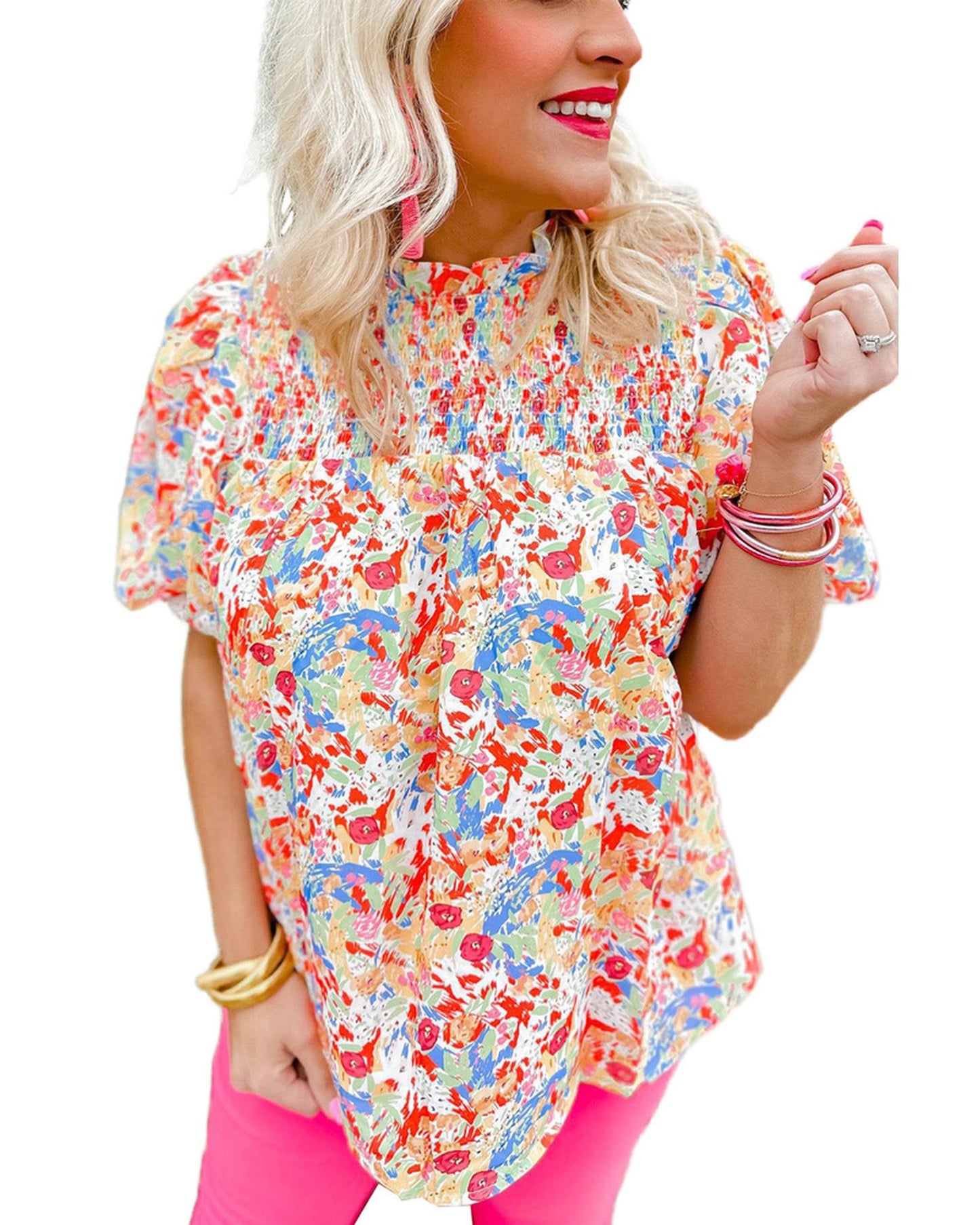 Azura Exchange Abstract Print Smocked Puff Sleeves Blouse - L