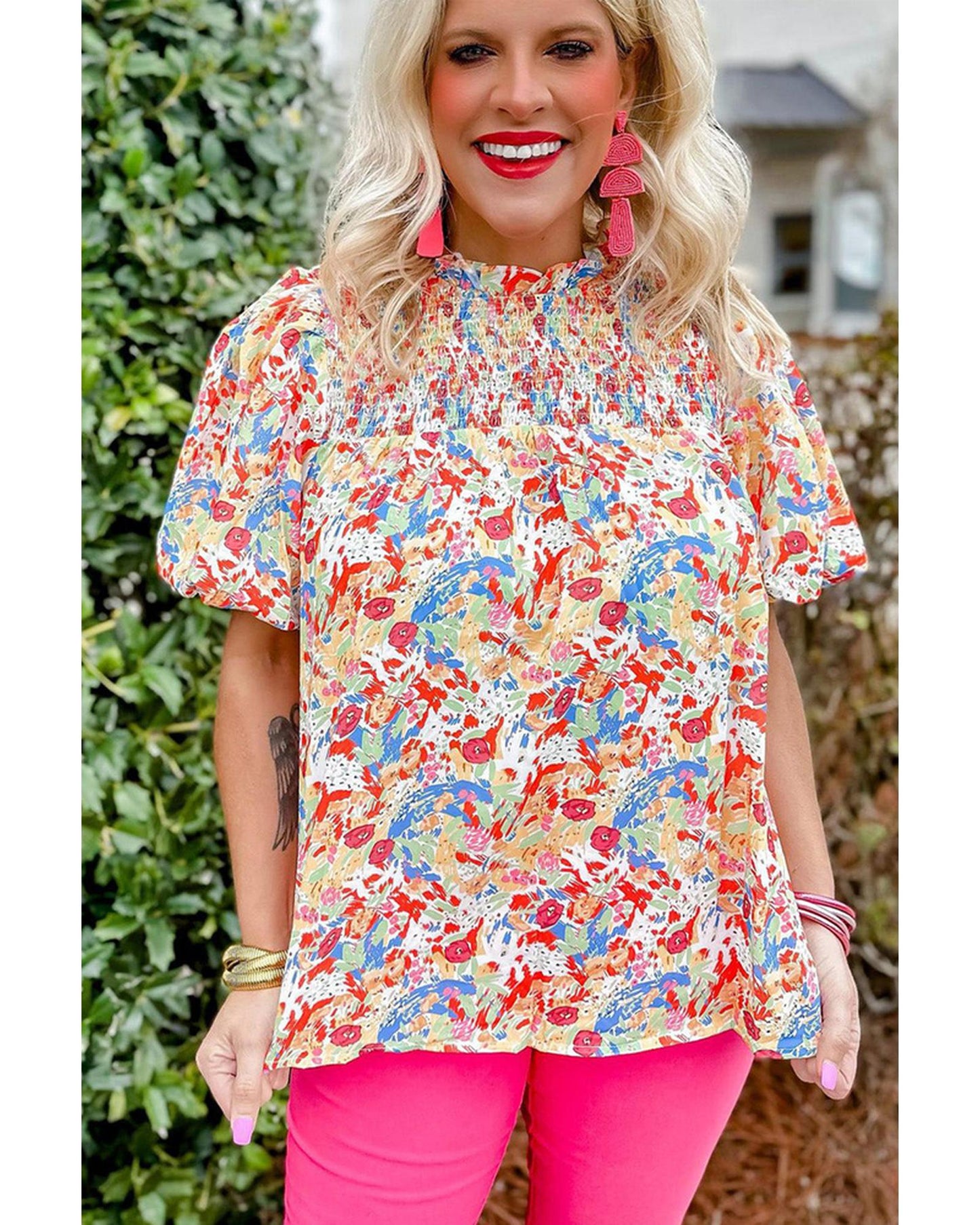 Azura Exchange Abstract Print Smocked Puff Sleeves Blouse - S