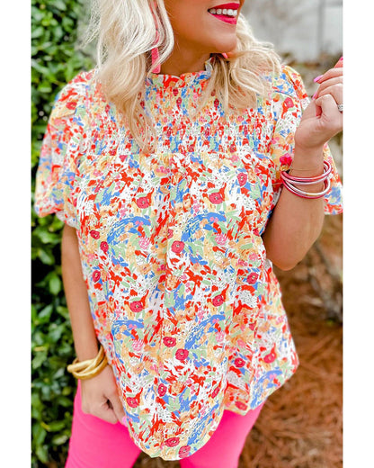 Azura Exchange Abstract Print Smocked Puff Sleeves Blouse - S