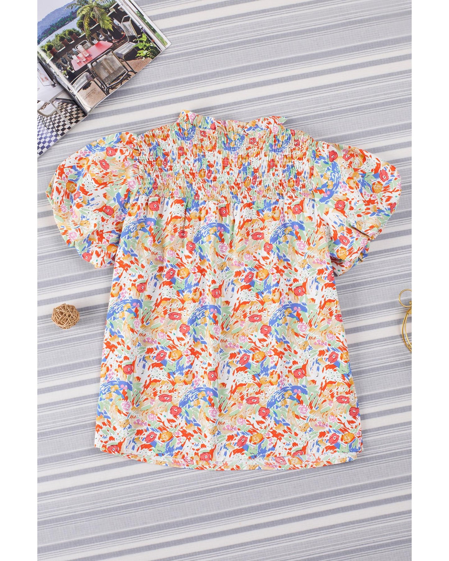 Azura Exchange Abstract Print Smocked Puff Sleeves Blouse - XL