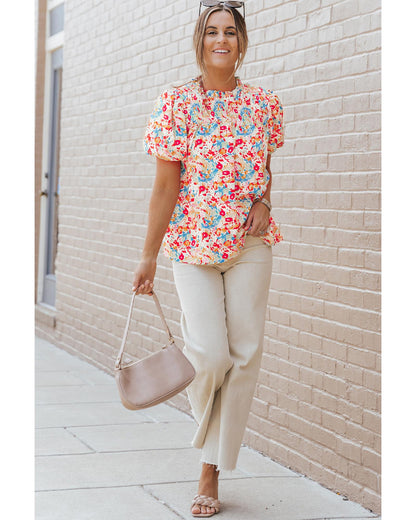 Azura Exchange Abstract Print Smocked Puff Sleeves Blouse - XL