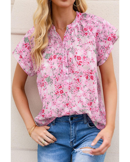 Azura Exchange Mandarin Collar Floral Top - S