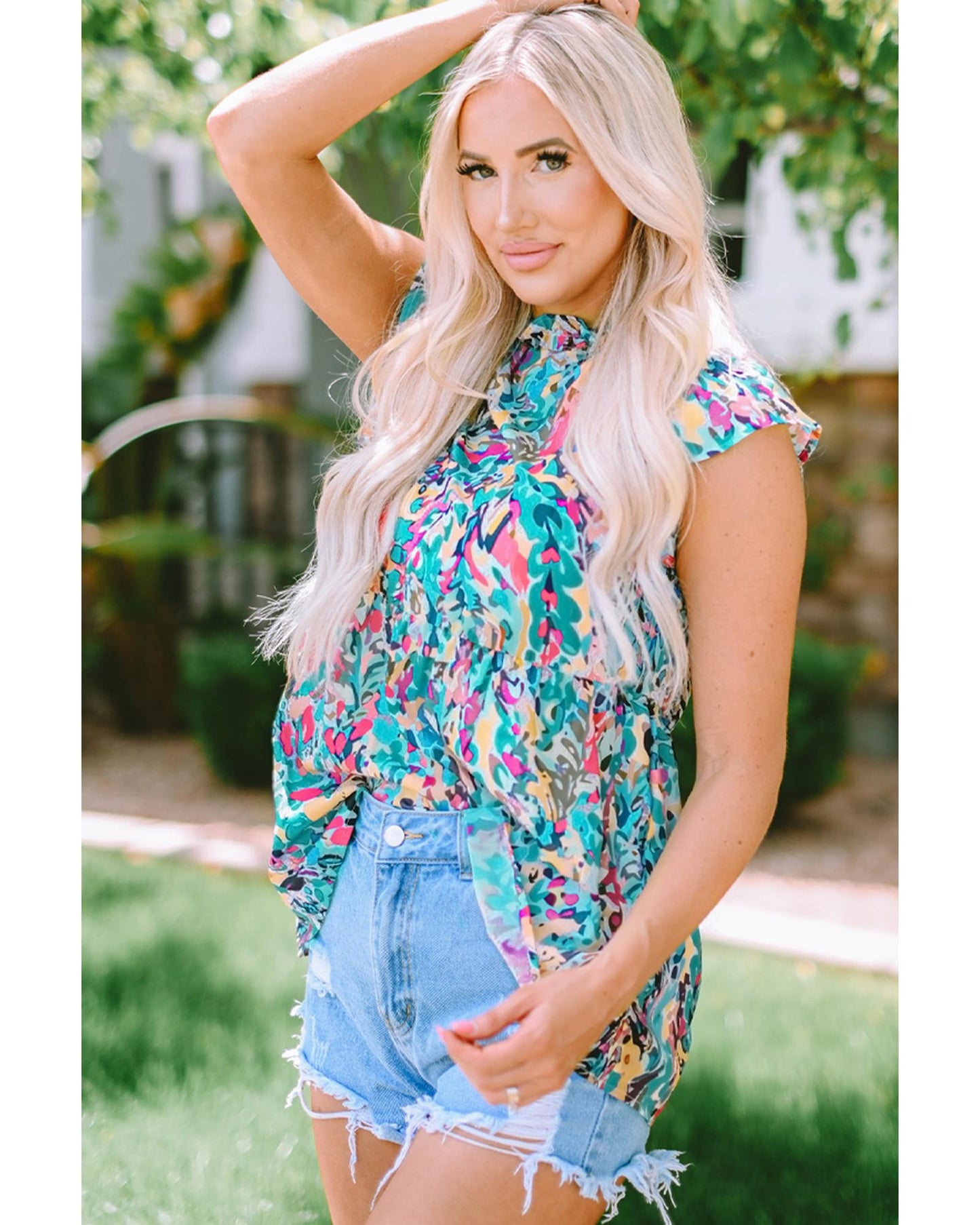 Azura Exchange Abstract Print Tie V Neck Peplum Blouse - L