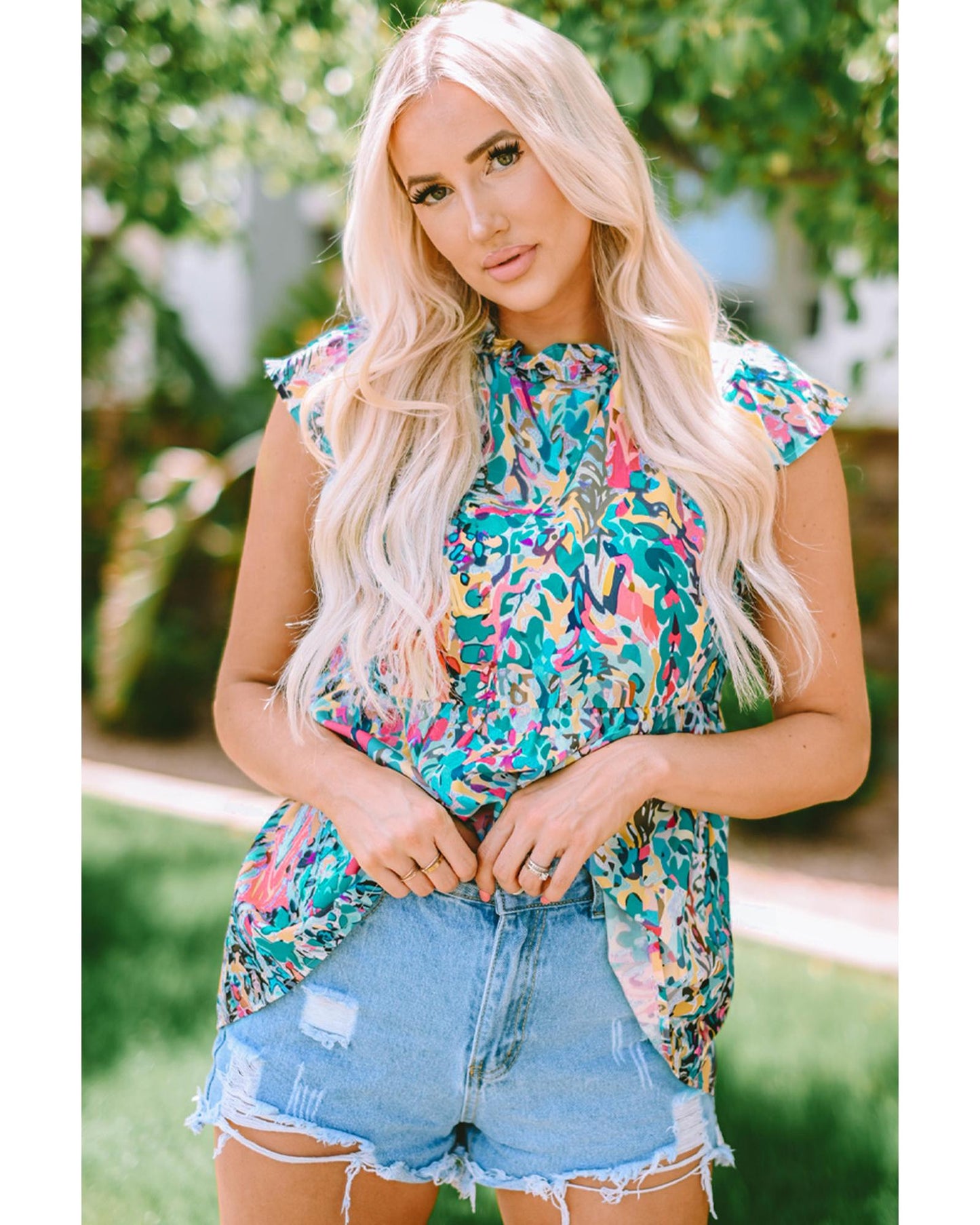 Azura Exchange Abstract Print Tie V Neck Peplum Blouse - L