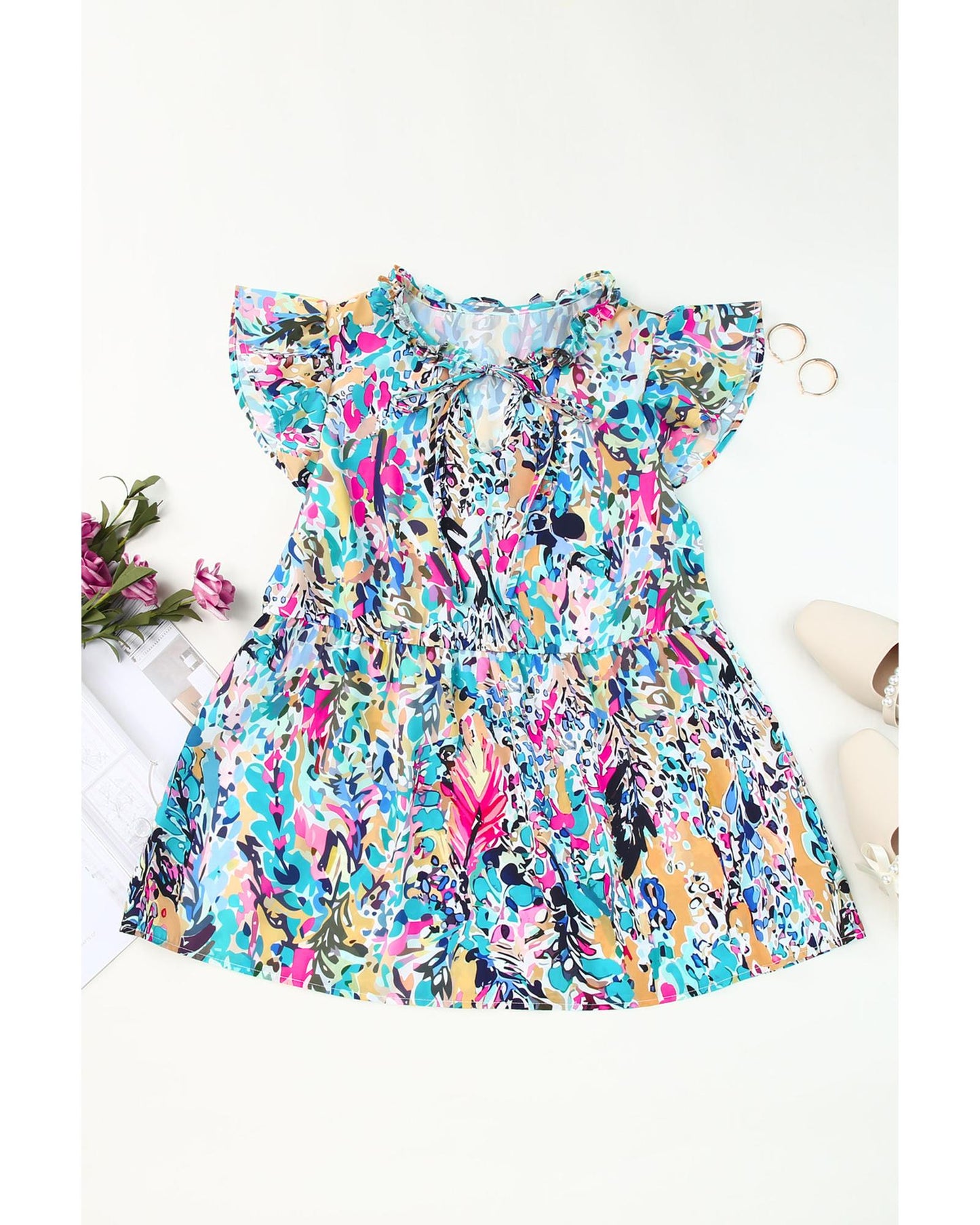 Azura Exchange Abstract Print Tie V Neck Peplum Blouse - L