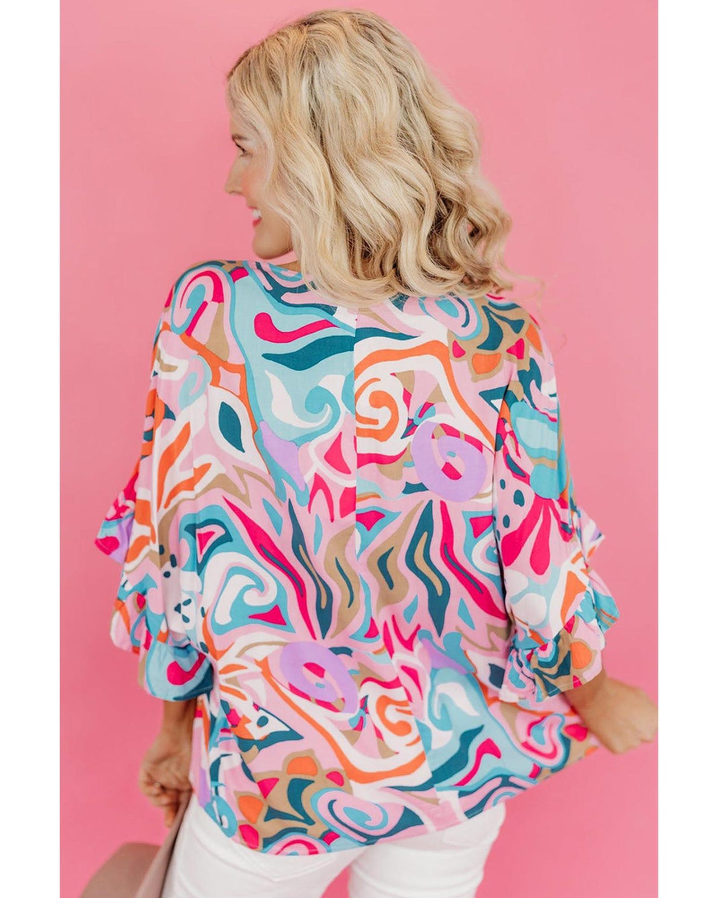 Azura Exchange Abstract Print Ruffle V Neck Blouse - M