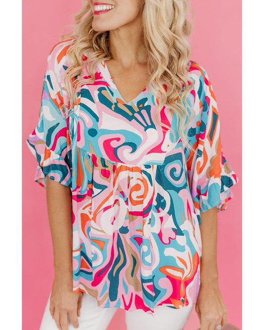 Azura Exchange Abstract Print Ruffle V Neck Blouse - S