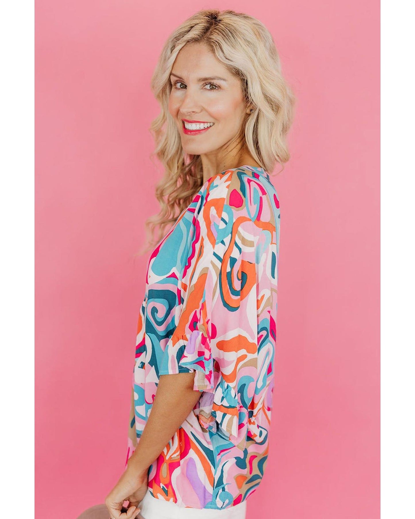 Azura Exchange Abstract Print Ruffle V Neck Blouse - S