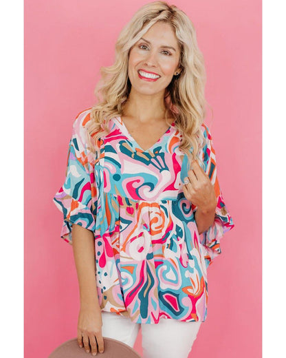 Azura Exchange Abstract Print Ruffle V Neck Blouse - S