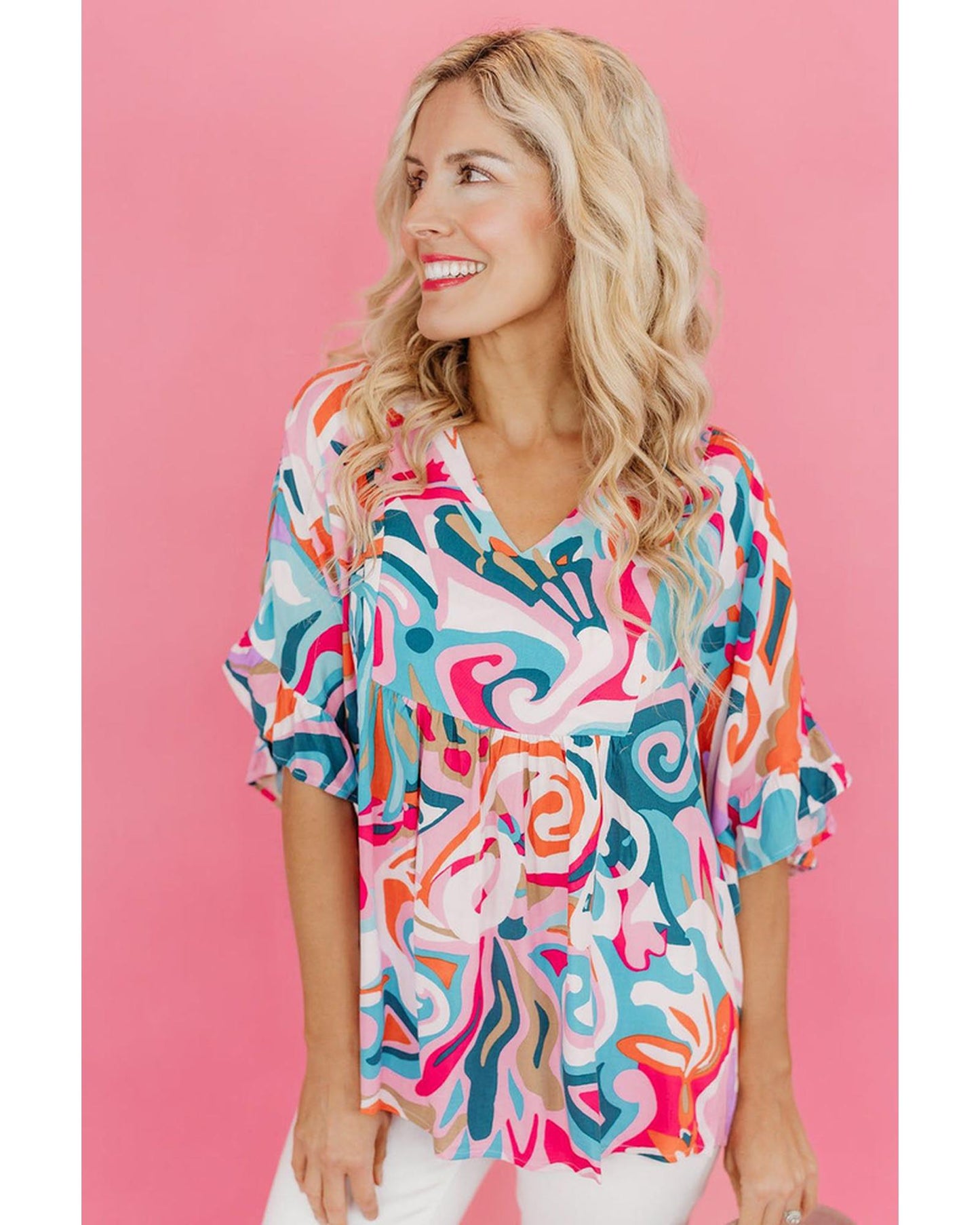 Azura Exchange Abstract Print Ruffle V Neck Blouse - S