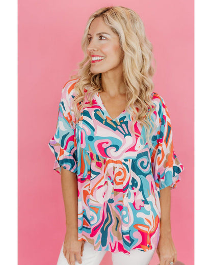 Azura Exchange Abstract Print Ruffle V Neck Blouse - S
