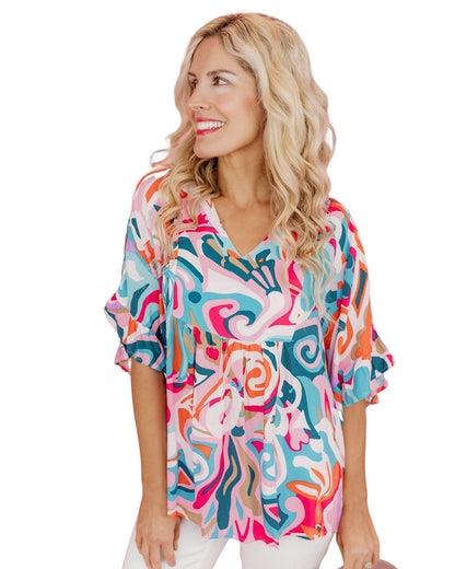 Azura Exchange Abstract Print Ruffle V Neck Blouse - S