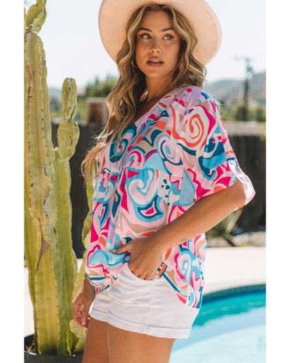 Azura Exchange Abstract Print Ruffle V Neck Blouse - S