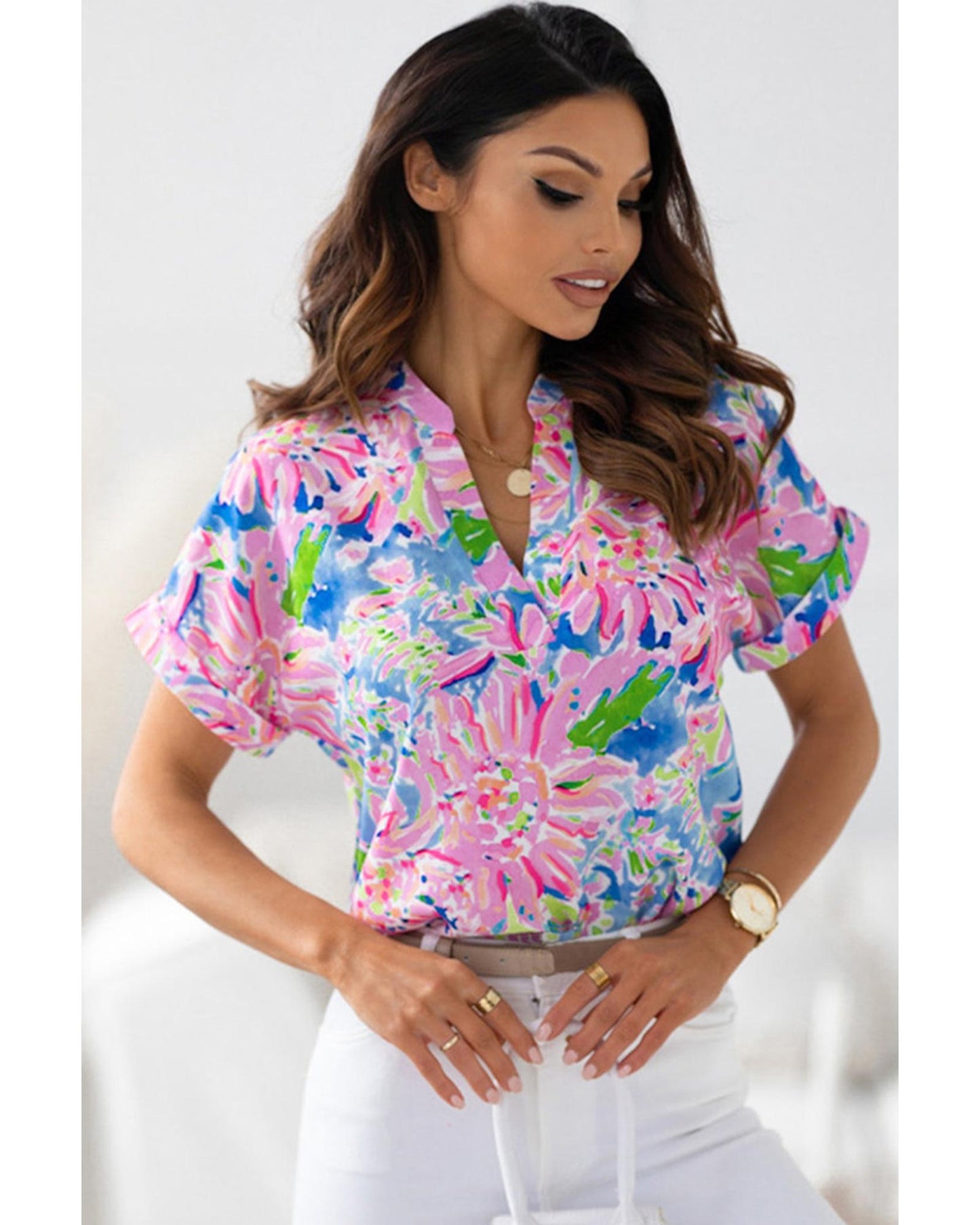 Azura Exchange Abstract Floral Print Notch V Neck Blouse - L
