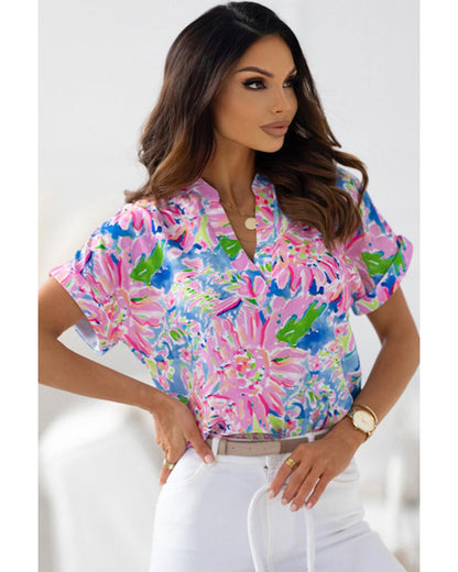 Azura Exchange Abstract Floral Print Notch V Neck Blouse - M