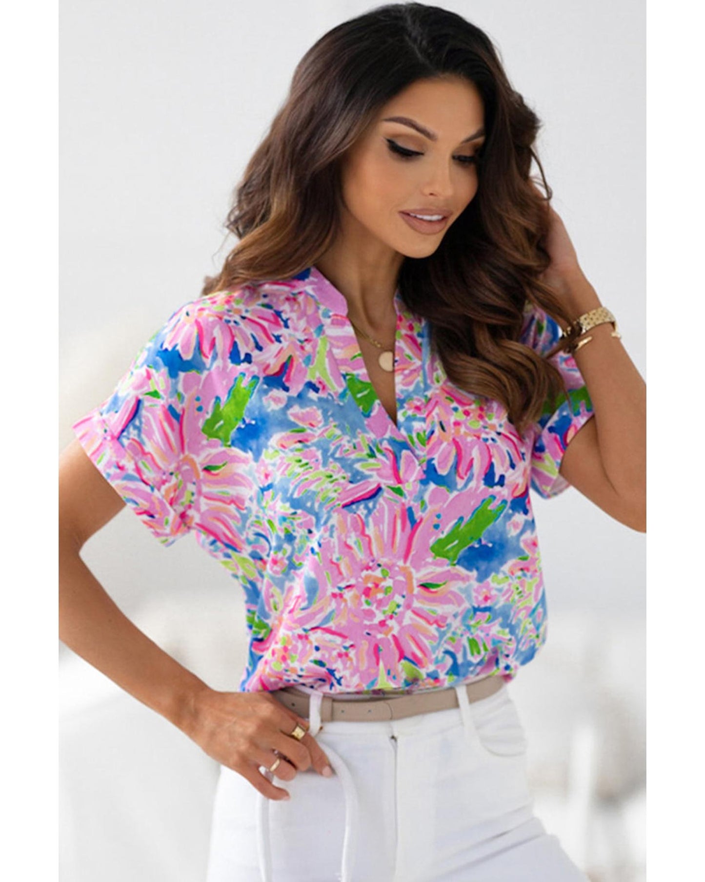 Azura Exchange Abstract Floral Print Notch V Neck Blouse - XL