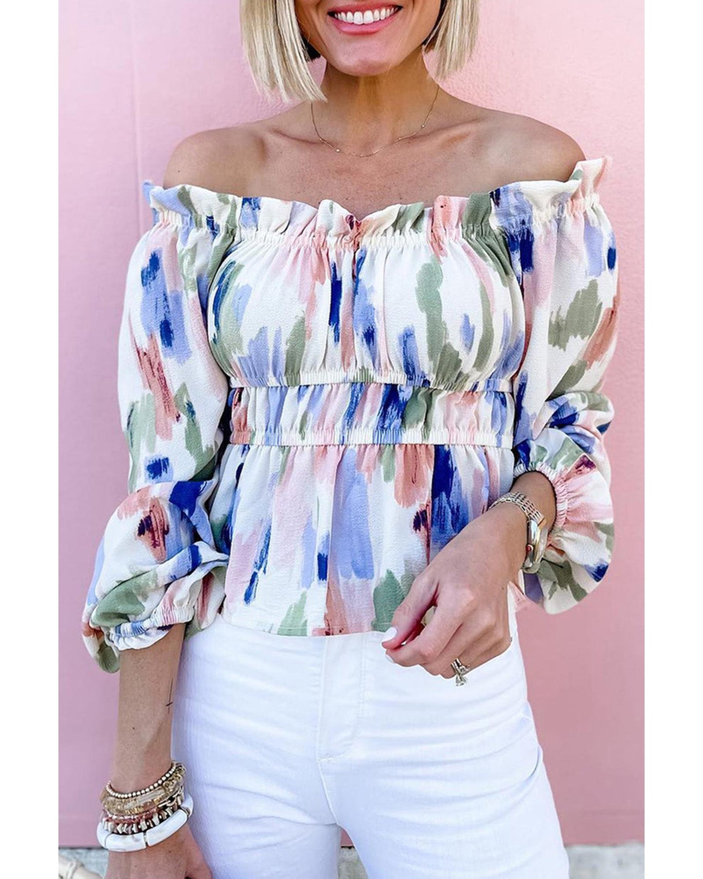 Azura Exchange Abstract Print Frill Off Shoulder Blouse - M