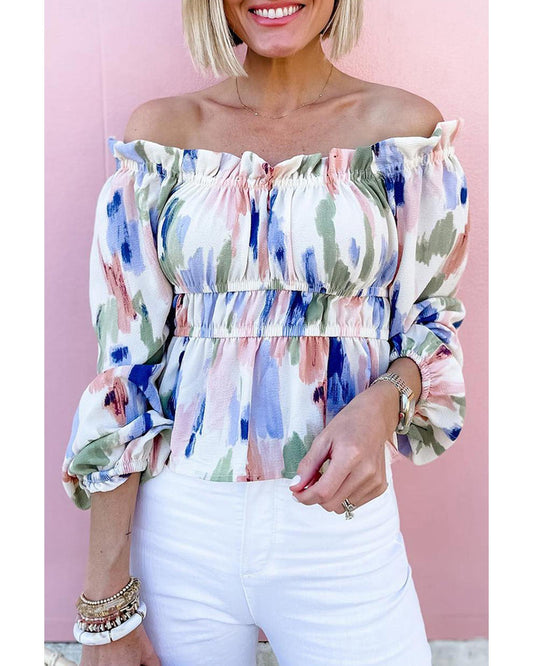 Azura Exchange Abstract Print Frill Off Shoulder Blouse - XL