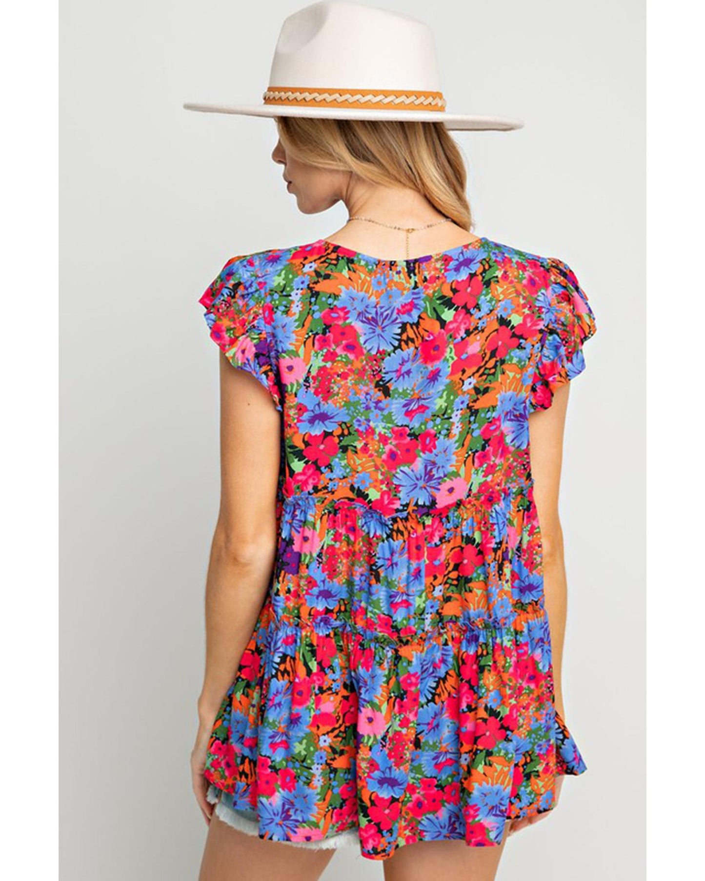 Azura Exchange Floral Print Ruffle Tiered Short Sleeve Babydoll Top - M