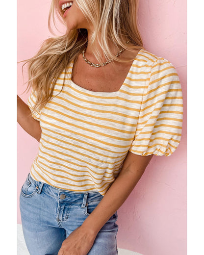 Azura Exchange Bubble Sleeve Stripe Square Neck Top - S