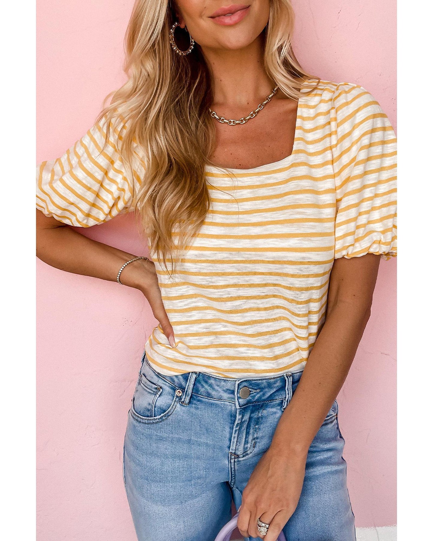 Azura Exchange Bubble Sleeve Stripe Square Neck Top - XL