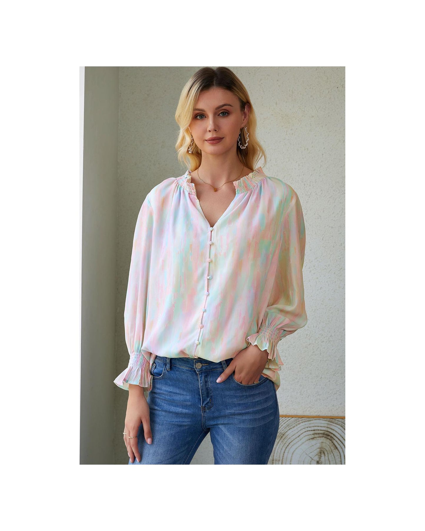 Azura Exchange Abstract Print Frilled Buttoned Shirt - L